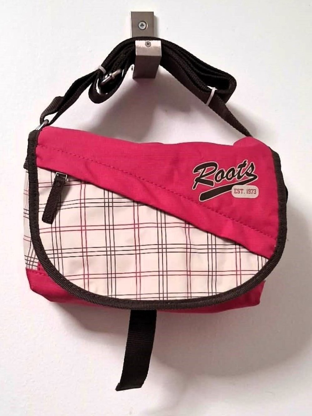 NWOT Roots Canada Pink & Grey Plaid Canvas Crossbody Messenger Bag (Y2K Retro)